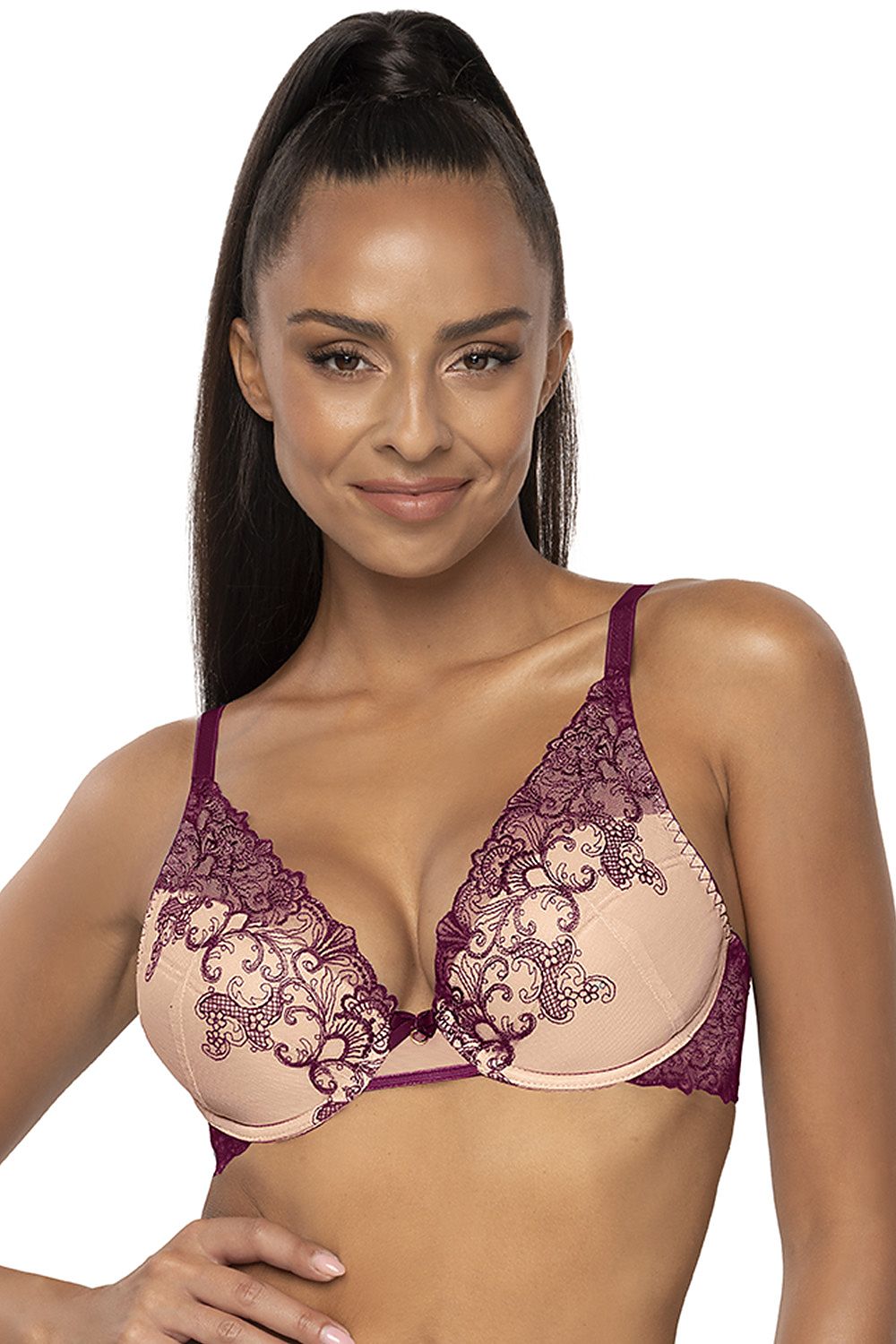Femininer Push-up-BH in Beige/Lila und Beige/Blau.