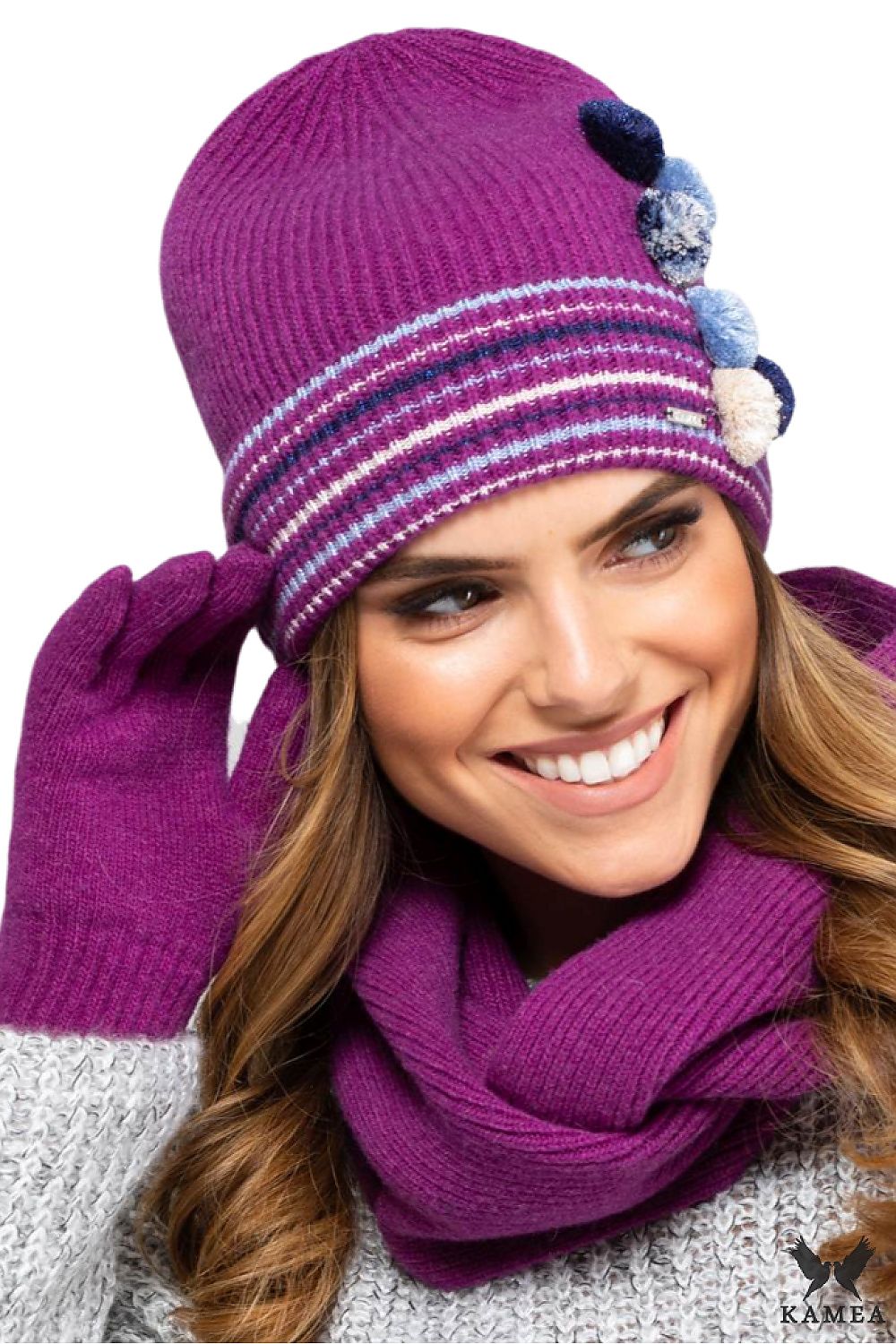 Mütze mit Pompons in Fuchsia